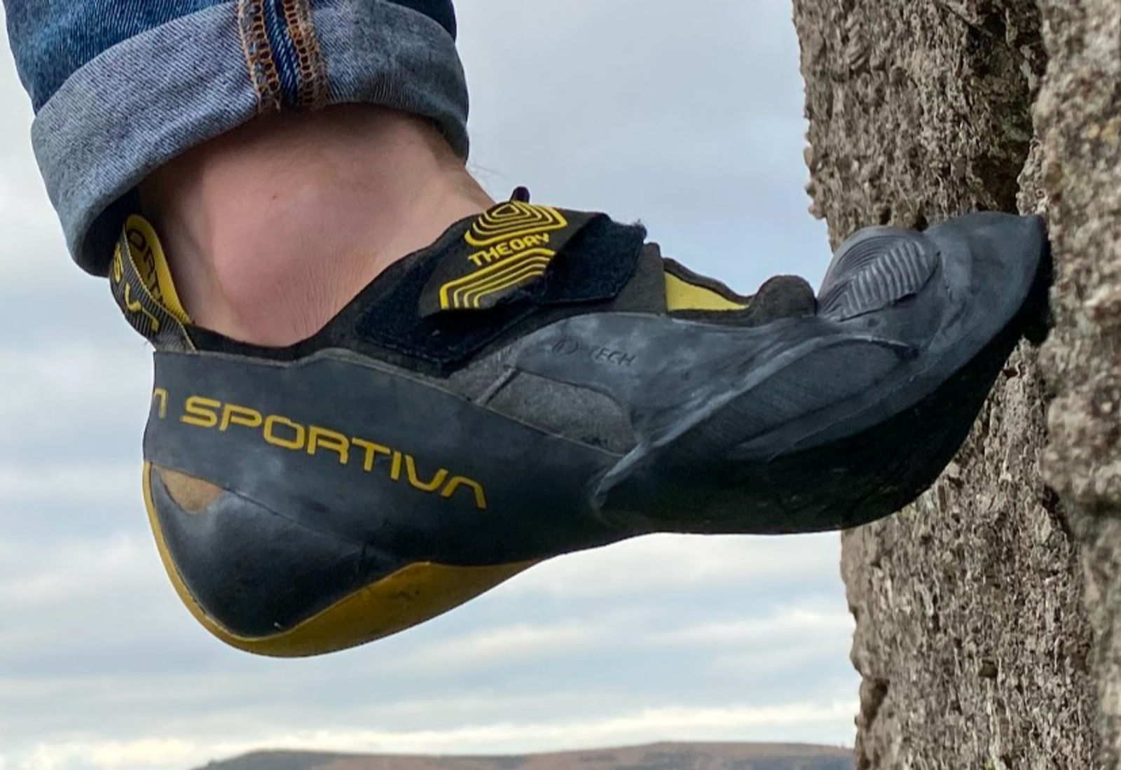 La Sportiva climbing shoe edging on rock
